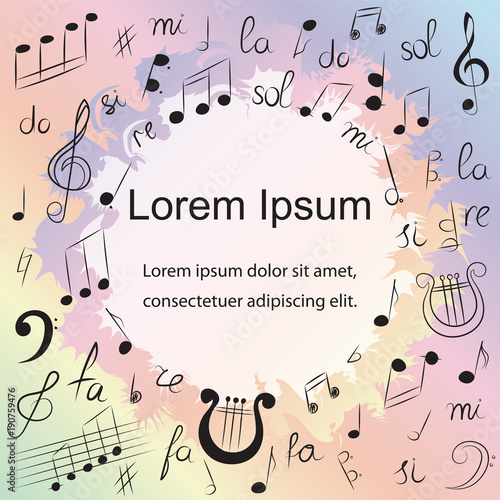 Colorful Hand Drawn Music Symbols. Colorful Doodle Treble Clef, Bass Clef, Notes and Lyre. Vector Illustration.
