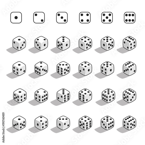 Set of white isometric dice. Twenty-four variants white game cubes isolated on white background. All possible turns authentic collection icons. Vector illustration.