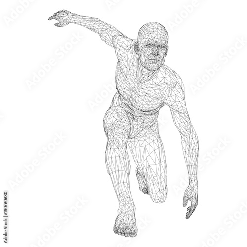 Male athlete discus thrower or a runner, in standby or low start. Views from different sides. Vector illustration of black, triangular grid on a white background.