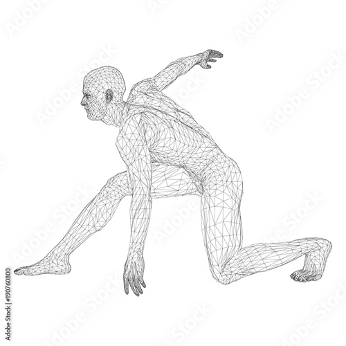 Male athlete discus thrower or a runner, in standby or low start. Views from different sides. Vector illustration of black, triangular grid on a white background.