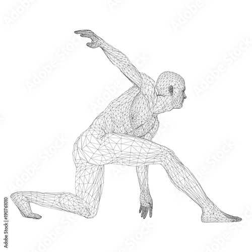 Male athlete discus thrower or a runner, in standby or low start. Views from different sides. Vector illustration of black, triangular grid on a white background.