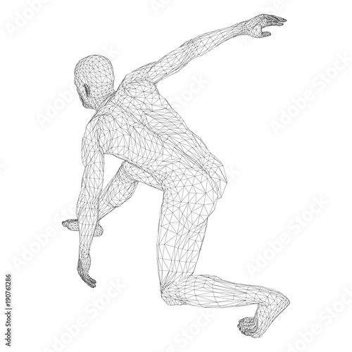 Male athlete discus thrower or a runner, in standby or low start. Views from different sides. Vector illustration of black, triangular grid on a white background.