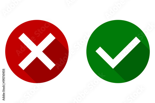 Tick and cross signs. Yes and No, Green checkmark OK and red X icons, isolated on white background. 