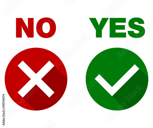 Tick and cross signs. Yes and No, Green checkmark OK and red X icons, isolated on white background. 