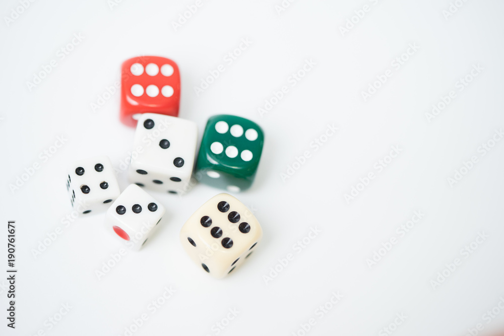 .Top view of Colorful Rolling the dice concept for business risk, chance, good luck or gambling.white background. .Top view of Colorful Rolling the dice concept for business risk, chance, good luck or gambling.white background.