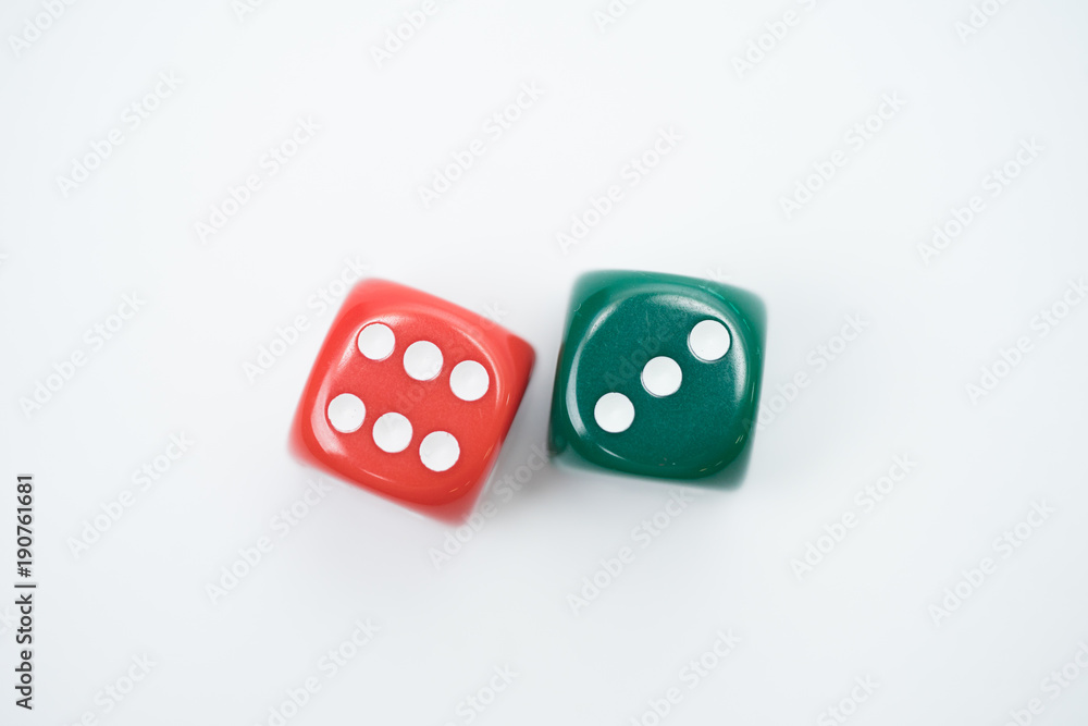 .Top view of Colorful Rolling the dice concept for business risk, chance, good luck or gambling.white background. .Top view of Colorful Rolling the dice concept for business risk, chance, good luck or gambling.white background.