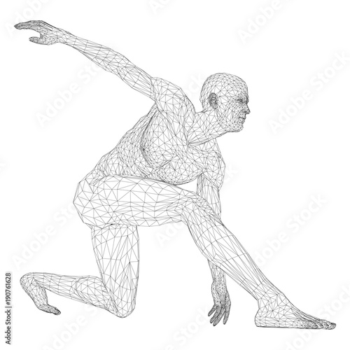 Male athlete discus thrower or a runner, in standby or low start. Views from different sides. Vector illustration of black, triangular grid on a white background.