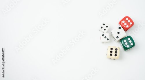 .Top view of Colorful Rolling the dice concept for business risk  chance  good luck or gambling.white background.