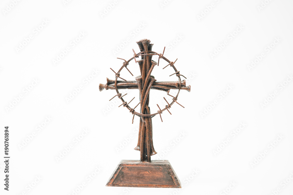 Holy cross, crown of thorns and nails.Easter and Good friday concept.Worship God concept.The Jesus Christ crown of thorns nail and the holy cross.Crucifixion Of Jesus Christ.isolated white background.