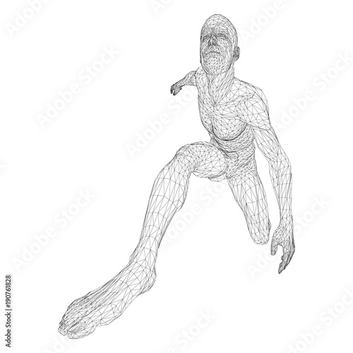 Male athlete discus thrower or a runner, in standby or low start. Views from different sides. Vector illustration of black, triangular grid on a white background.