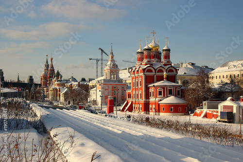 Beautiful winter landscape with a view of the old part of the city with temples..
