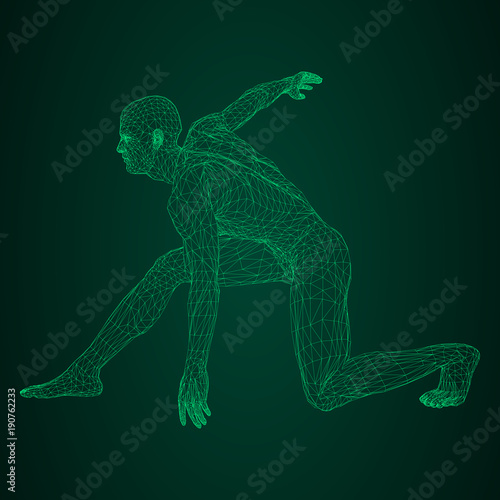 Male athlete discus thrower or a runner, in standby or low start. Views from different sides. Vector illustration of green neon glowing triangular mesh on black and green background.