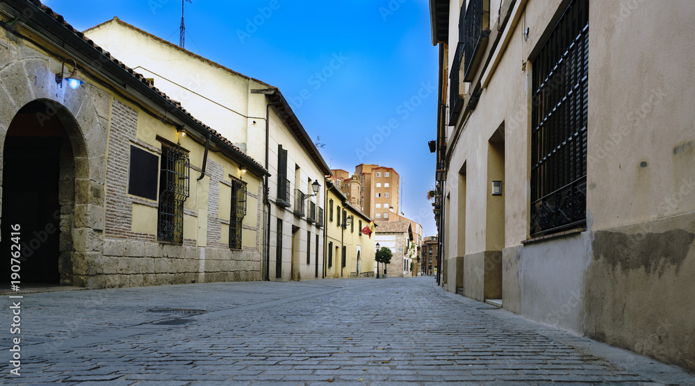 low-angle shooting of a street in the historic area of Alcala de