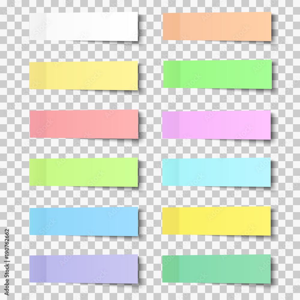 Post note stickers with shadow, paper sticky tapes set placed on transparent background. Vector office color post sticks. Post note stickers with shadow, paper sticky tapes set placed on transparent background. Vector office color post sticks.