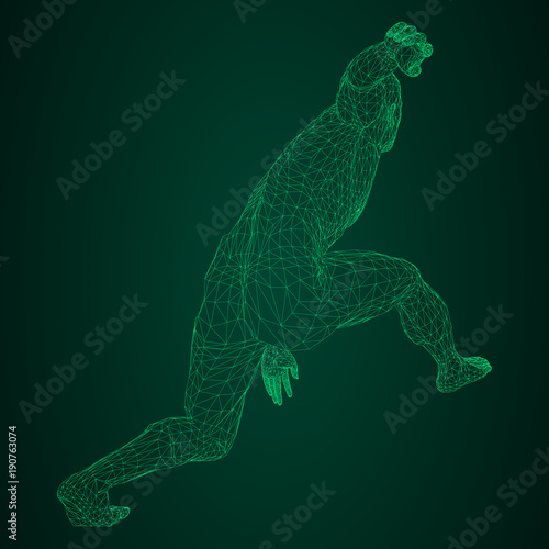 Male athlete discus thrower or a runner, in standby or low start. Views from different sides. Vector illustration of green neon glowing triangular mesh on black and green background.