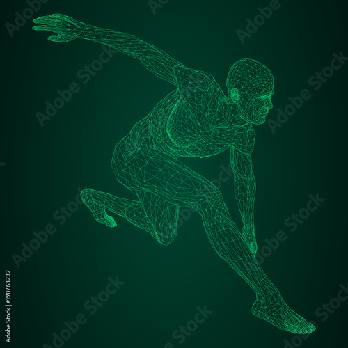 Male athlete discus thrower or a runner, in standby or low start. Views from different sides. Vector illustration of green neon glowing triangular mesh on black and green background.