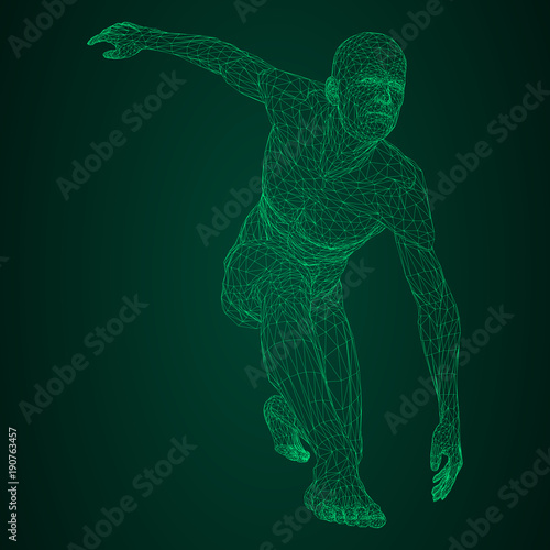 Male athlete discus thrower or a runner, in standby or low start. Views from different sides. Vector illustration of green neon glowing triangular mesh on black and green background.