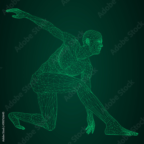 Male athlete discus thrower or a runner, in standby or low start. Views from different sides. Vector illustration of green neon glowing triangular mesh on black and green background.