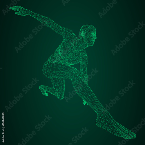 Male athlete discus thrower or a runner, in standby or low start. Views from different sides. Vector illustration of green neon glowing triangular mesh on black and green background.