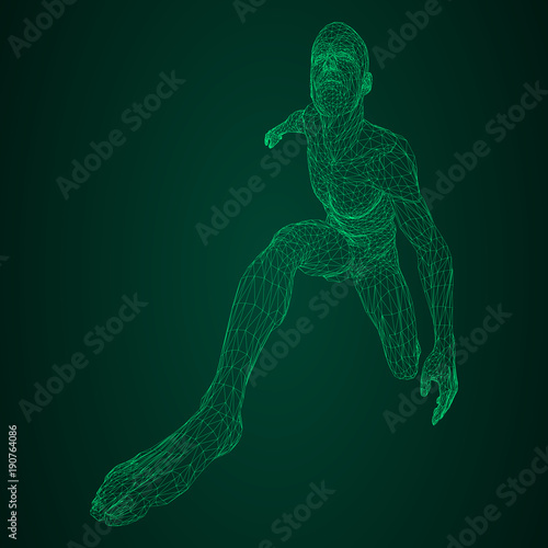 Male athlete discus thrower or a runner, in standby or low start. Views from different sides. Vector illustration of green neon glowing triangular mesh on black and green background.