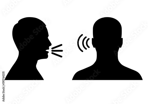 vector illustration of a listen and speak icon, voice or sound symbol, man head profile and back photo