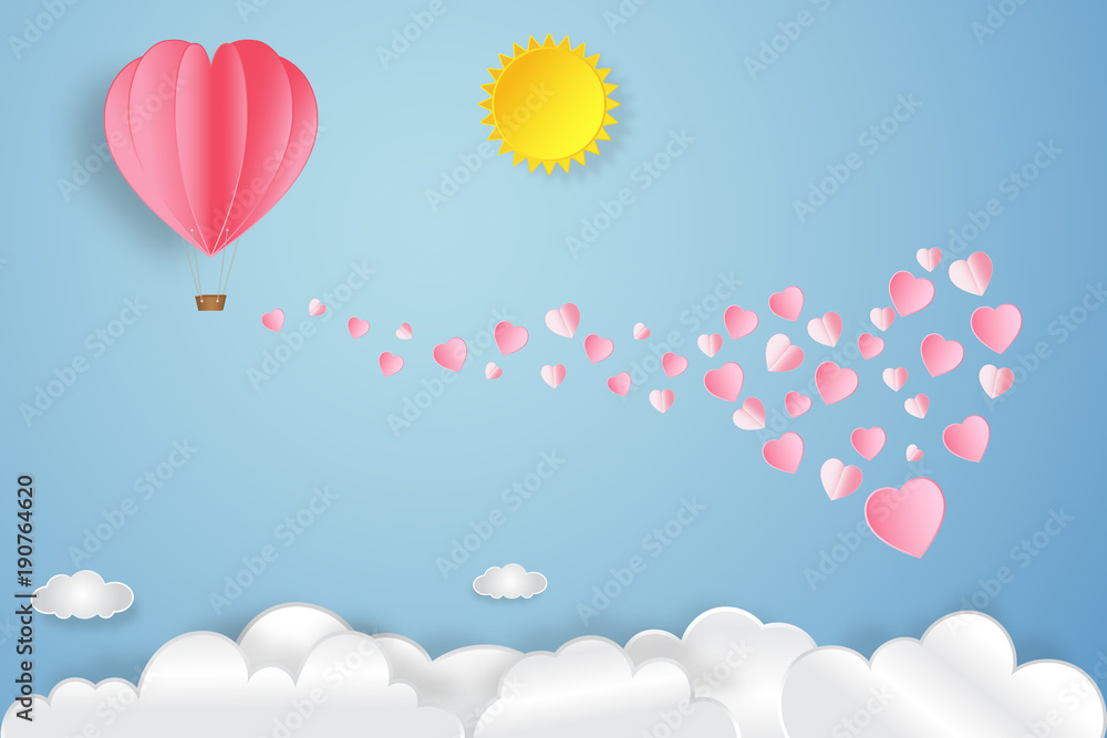 The love with pink hot air balloon, sunny on blue sky as heart valentine's day, wedding and paper art concept. vector illustration.