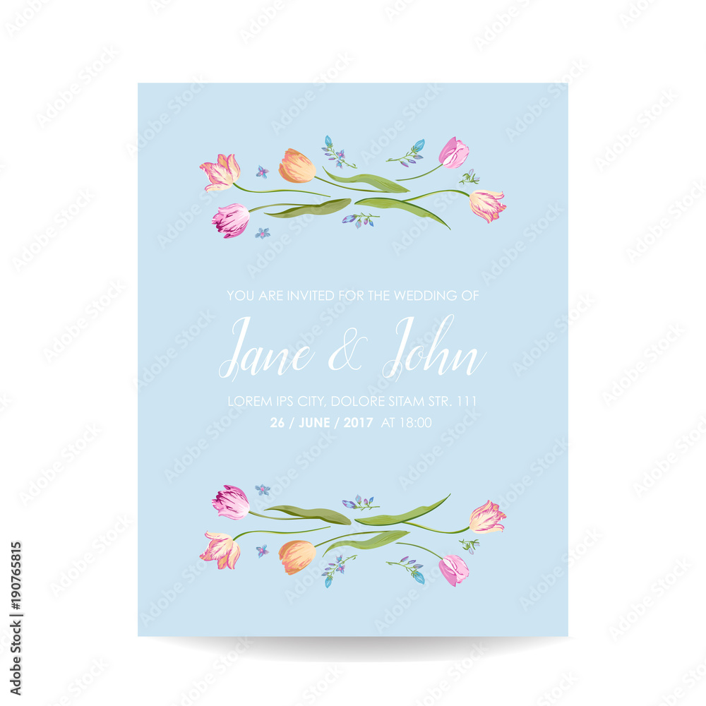 Save the Date Watercolor Card with Blossom Tulips Flowers. Wedding Invitation, Anniversary Party, RSVP Floral Template. Vector illustration