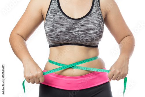 Overweight woman check out his body fat with green measuring tape for obesity on gray background, Healthy concept