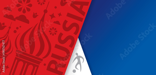 Soccer player and Russian Symbols pattern on Russia flag colours background.