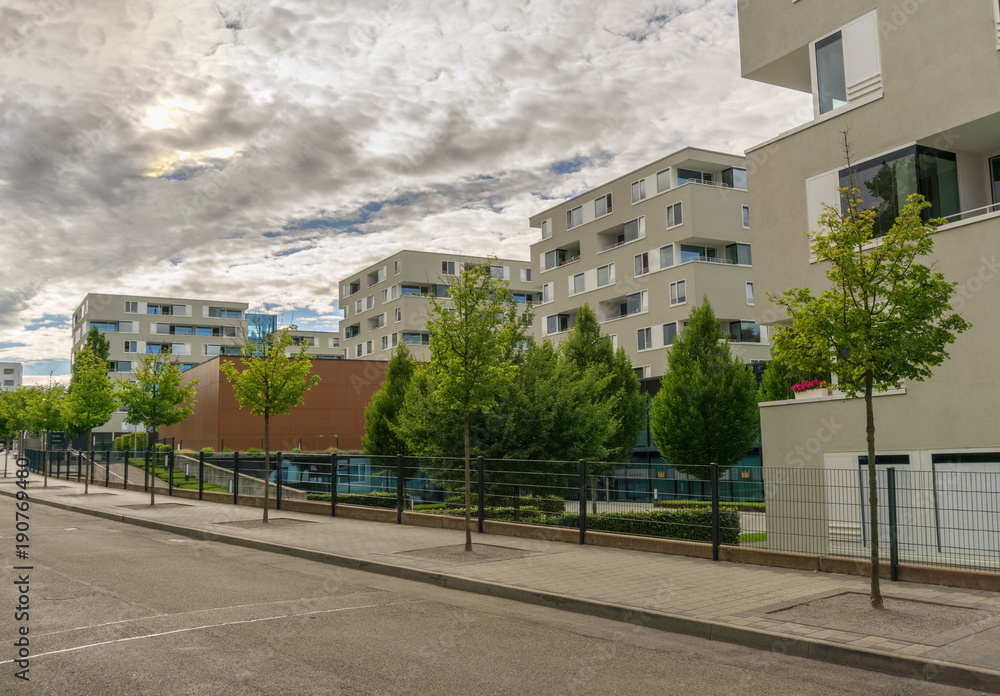 New apartment buildings in an urban German city,shot from a public place