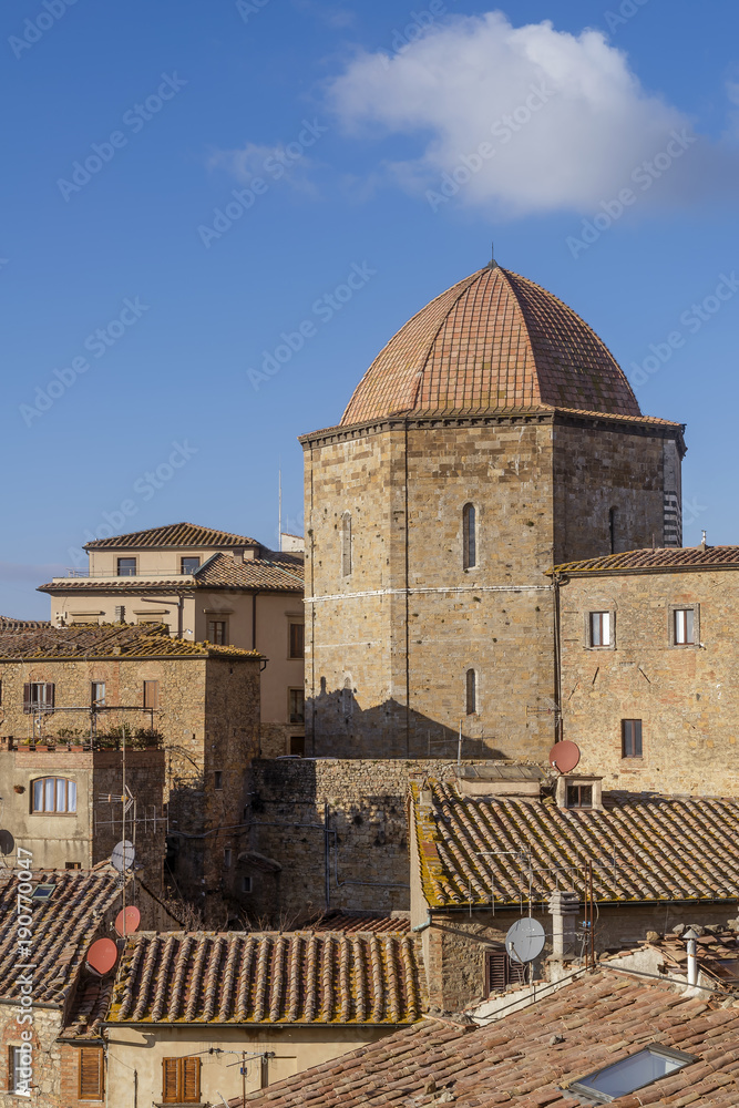 Aerial view of the Baptistery of Volterra, Pisa, Tuscany, Italy
