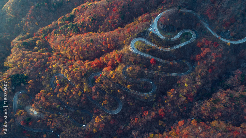 Fototapeta premium Piękna curvy ulica na górze Nikko, Japonia. Widok z lotu ptaka