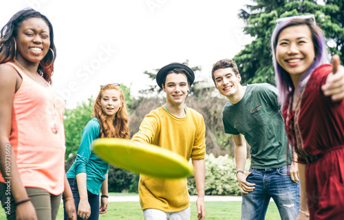 Playful group of friends outdoor photo