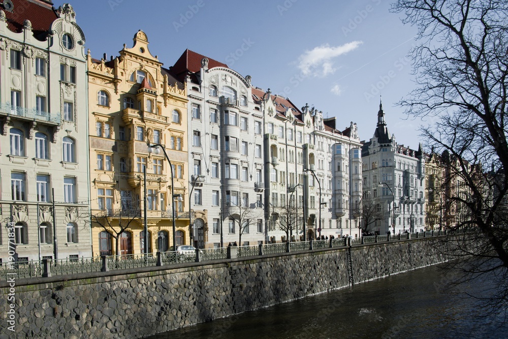 Prague - Buildings on the waterfront in Art Nouveau style