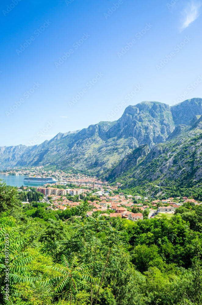 Fototapeta premium Panoramic view on Kotor bay and old town Kotor, Montenegro.