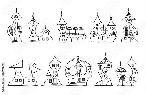 A set of fairy tale hand-drawn houses. Vector illustration. Doodle fabulous houses.