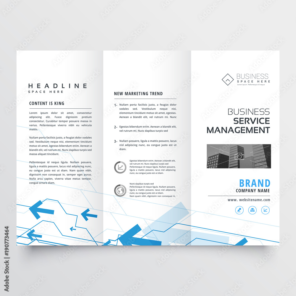 blue arrow design on trifold business brochure blue arrow design on trifold business brochure
