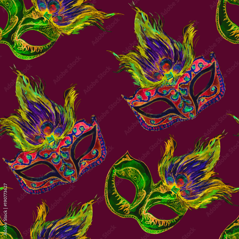 Obraz premium Red carnival mask with golden decoration and gemstones and green, peacock feathers on top, dark red background, seamless pattern design, hand painted watercolor illustration