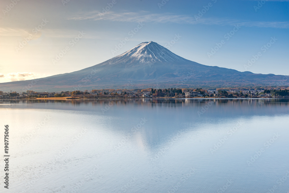 Mount fuji san in the morning at Lake kawaguchiko, yamanashi, japan. mt.fuji reflection on sunrise.