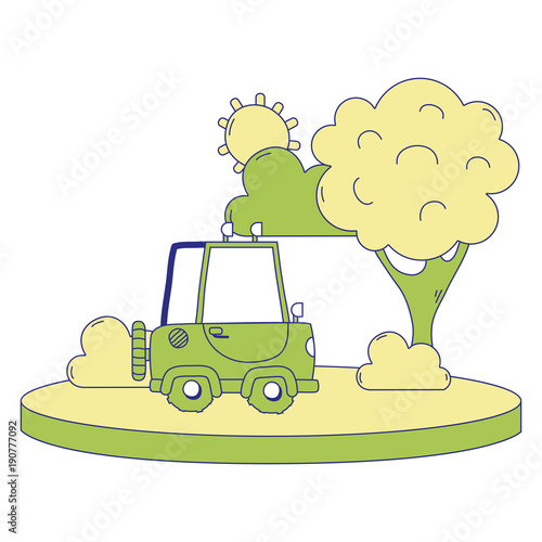 full color agrimotor car in the city with tree and sun