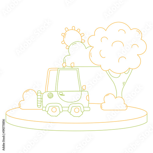 color line agrimotor car in the city with tree and sun