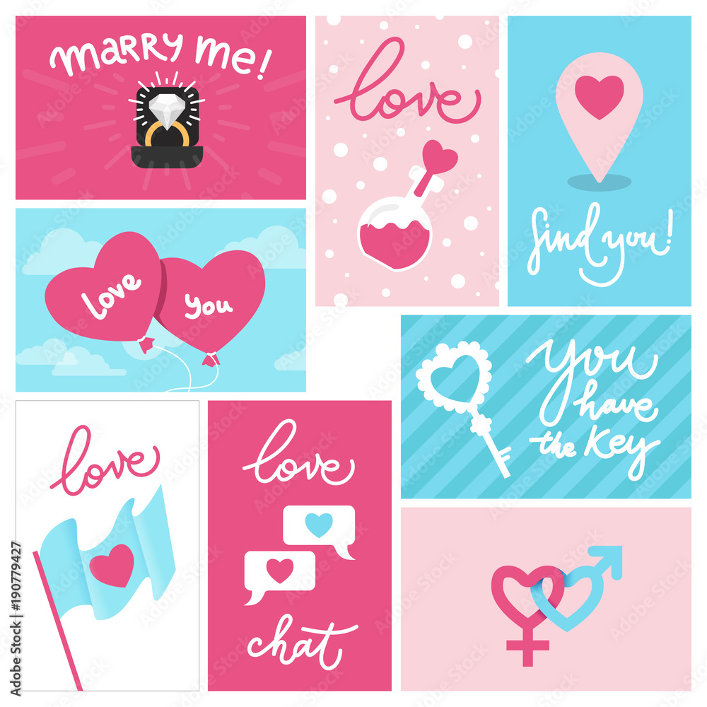 Collection of pink, blue, white colored Valentine's day greeting card, flyer templates with lettering. Typography poster, card, label, banner design set. Vector illustration EPS10