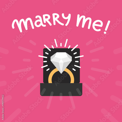 Diamond ring vector marry me template. Abstract wedding card, declaration of love. Ring with precious stone and text MARRY ME. Cute love concept for young couple