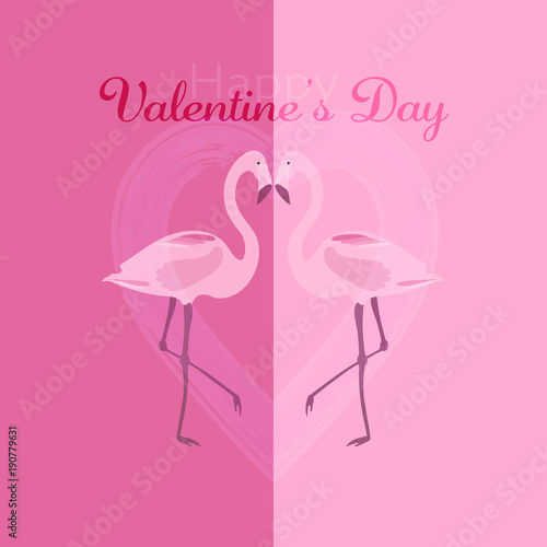 Valentine’s day. Two flamingos with heart in watercolor style and text: Happy Valentine’s Day © PhotoGranary