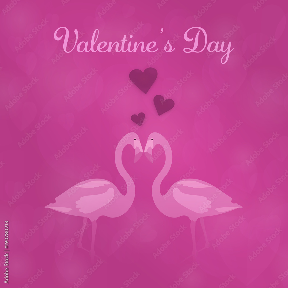 Fototapeta premium Valentine’s day. Two flamingos with hearts and text: Valentine’s Day