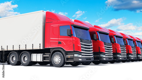 Row of cargo trucks against blue sky