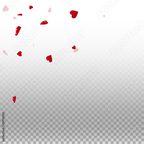 3d hearts valentine background. Scattered top left corner on transparent grid light background. 3d hearts valentines day wondrous design. Vector illustration.