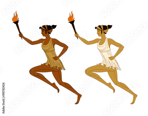 Two running women with a burning torch in their hands in Greek style. Marathon. Vector. Isolated on white background