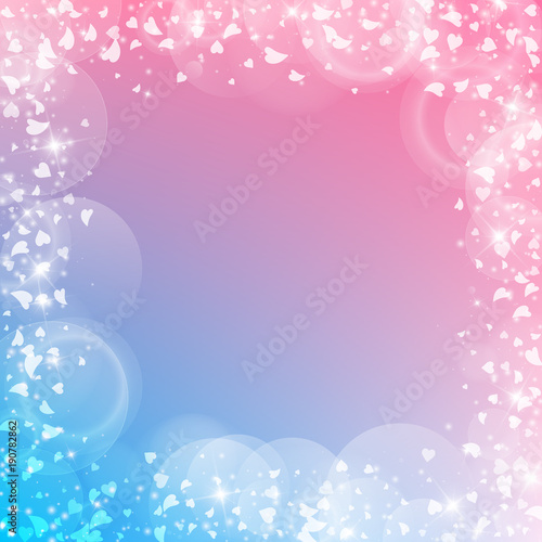 Falling hearts valentine background. Chaotic border on color transition background. Falling hearts valentines day flawless design. Vector illustration.