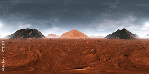 Fototapeta Naklejka Na Ścianę i Meble -  360 Equirectangular projection of Mars sunset. Martian landscape, HDRI environment map. Spherical panorama. 3d illustration